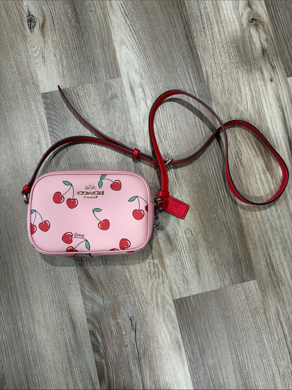 Coach Pink Cherry Print Crossbody with Red Strap - Picture 1 of 6